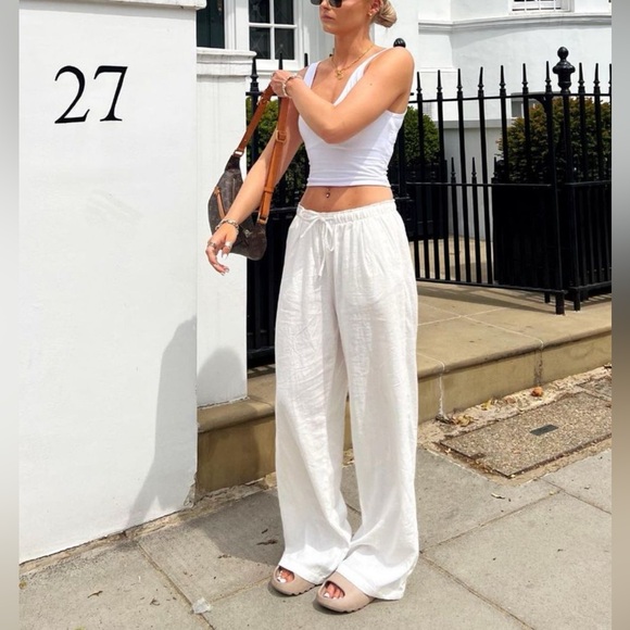 White Linen Straight Legs Pants - Picture 4 of 7